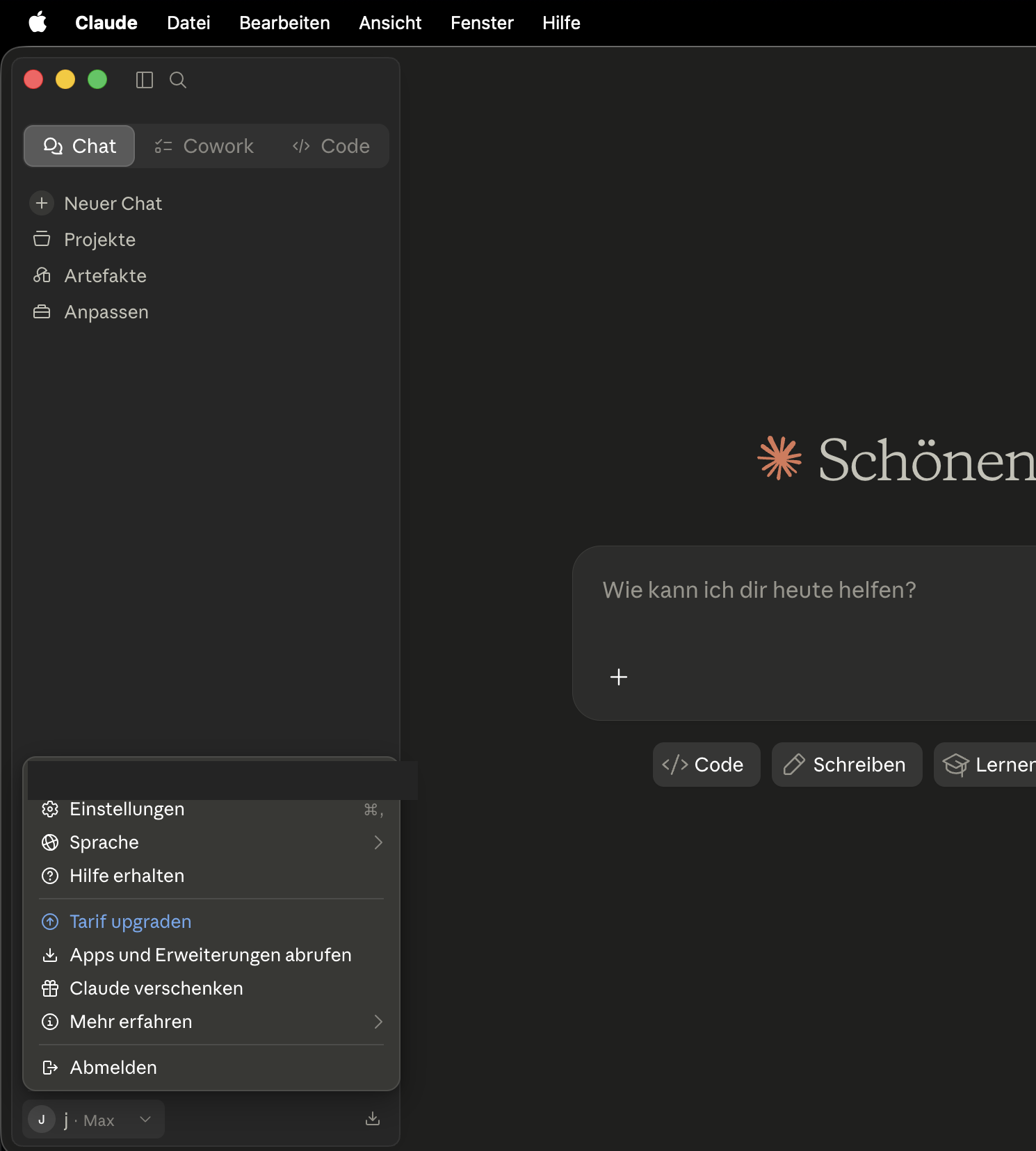 Claude Desktop-App: Menü unten links geöffnet, Eintrag Einstellungen