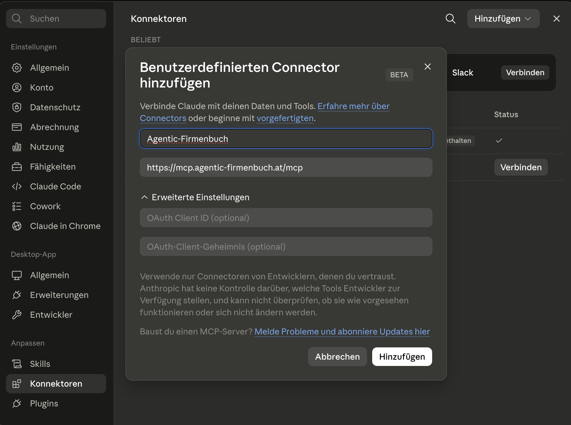 Dialog Benutzerdefinierten Connector hinzufügen mit Name Agentic-Firmenbuch und URL https://mcp.agentic-firmenbuch.at/mcp