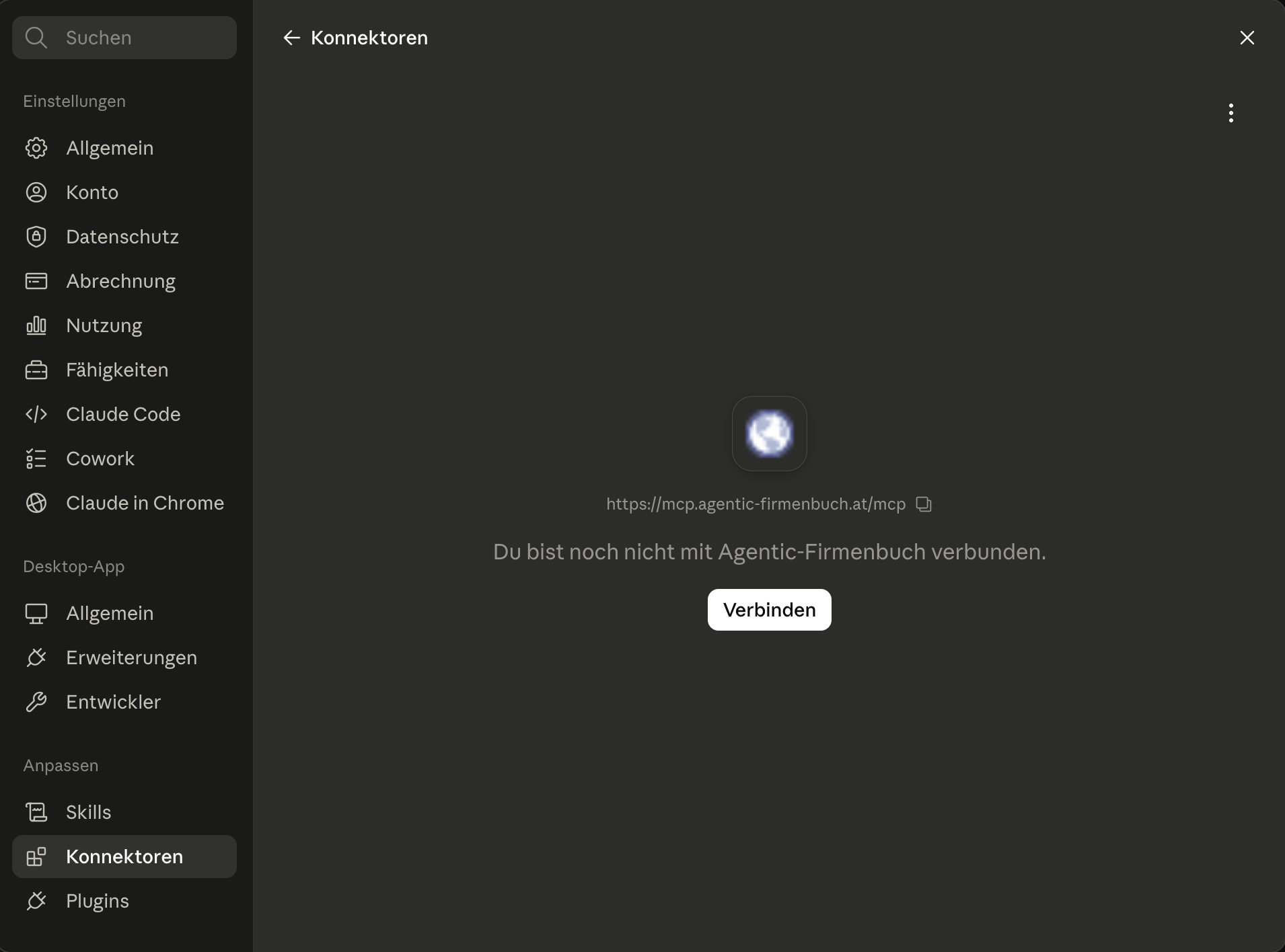Connector-Seite: „Du bist noch nicht mit Agentic-Firmenbuch verbunden“ mit Button Verbinden