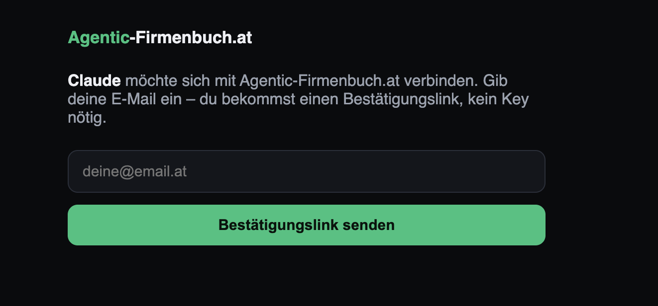 Login-Seite von Agentic-Firmenbuch.at: E-Mail-Feld und Button Bestätigungslink senden